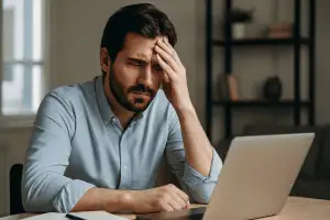 Adult male sitting at desk with hand on forehead, showing signs of mental fatigue and difficulty focusing—representing ADHD in adult males.
