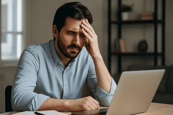 Adult male sitting at desk with hand on forehead, showing signs of mental fatigue and difficulty focusing—representing ADHD in adult males.