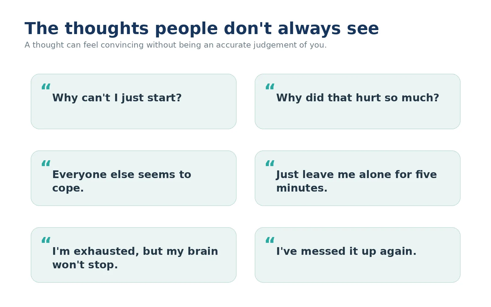 Six quote cards headed The thoughts people don't always see: Why can't I just start? Why did that hurt so much? Everyone else seems to cope. Just leave me alone for five minutes. I'm exhausted, but my brain won't stop. I've messed it up again.