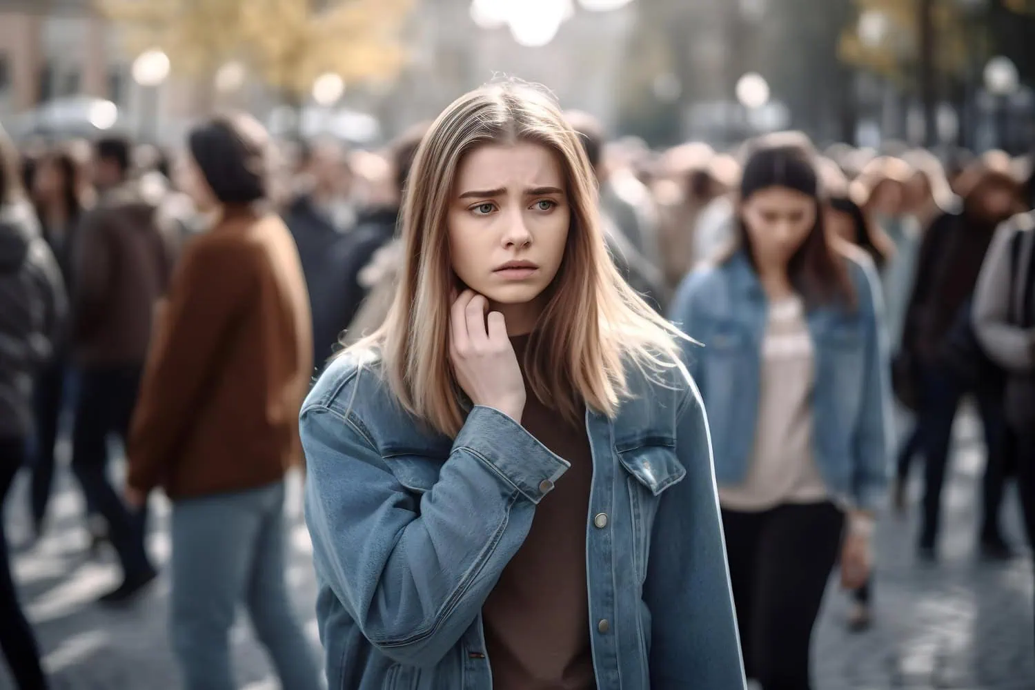 A young woman wearing a denim jacket stands in the middle of a crowded street, looking anxious and overwhelmed as people pass by around her.