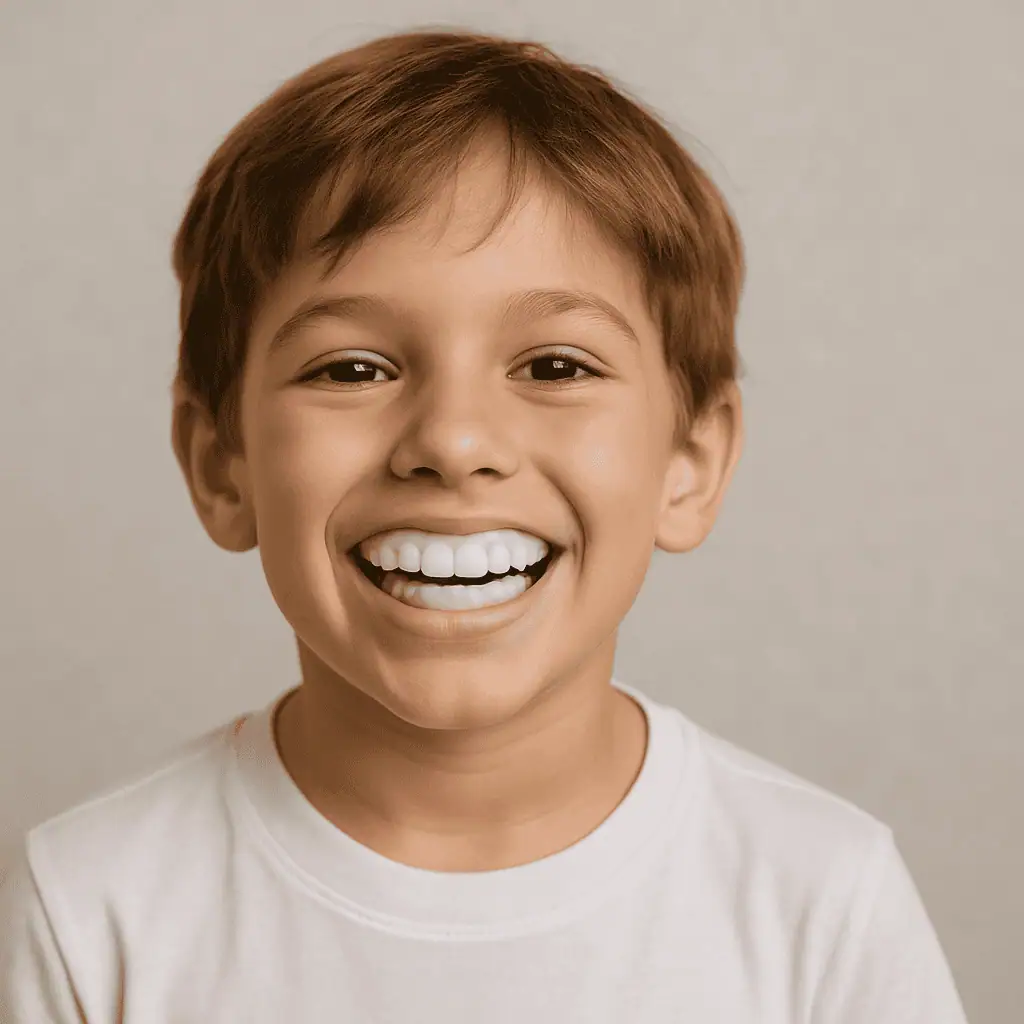 A smiling boy wearing a clear mouthguard, often used to protect teeth from damage caused by bruxism in kids.