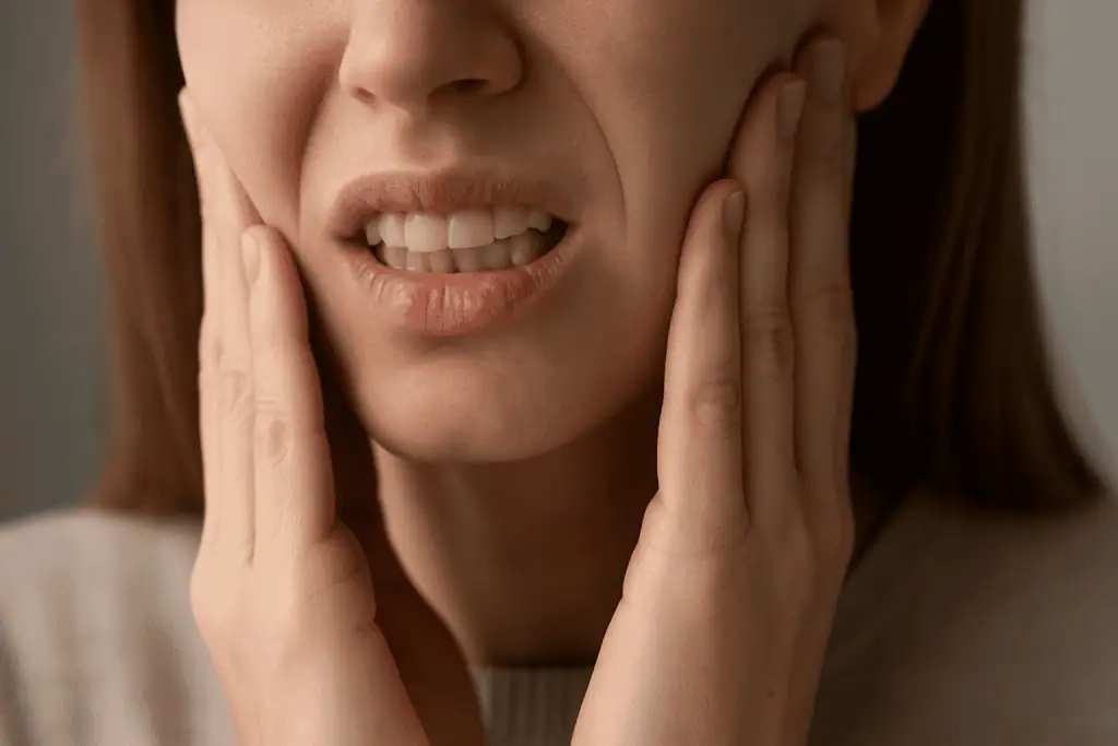 Close-up of a woman's lower face showing jaw pain, with hands gently pressing on the sides of her face, indicating discomfort from bruxism or TMJ pain needing treatment.