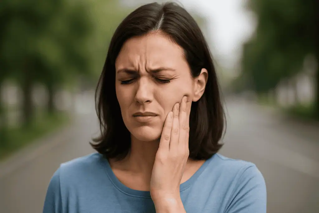 Woman touching her jaw in pain outdoors, showing signs of bruxism and TMJ pain.