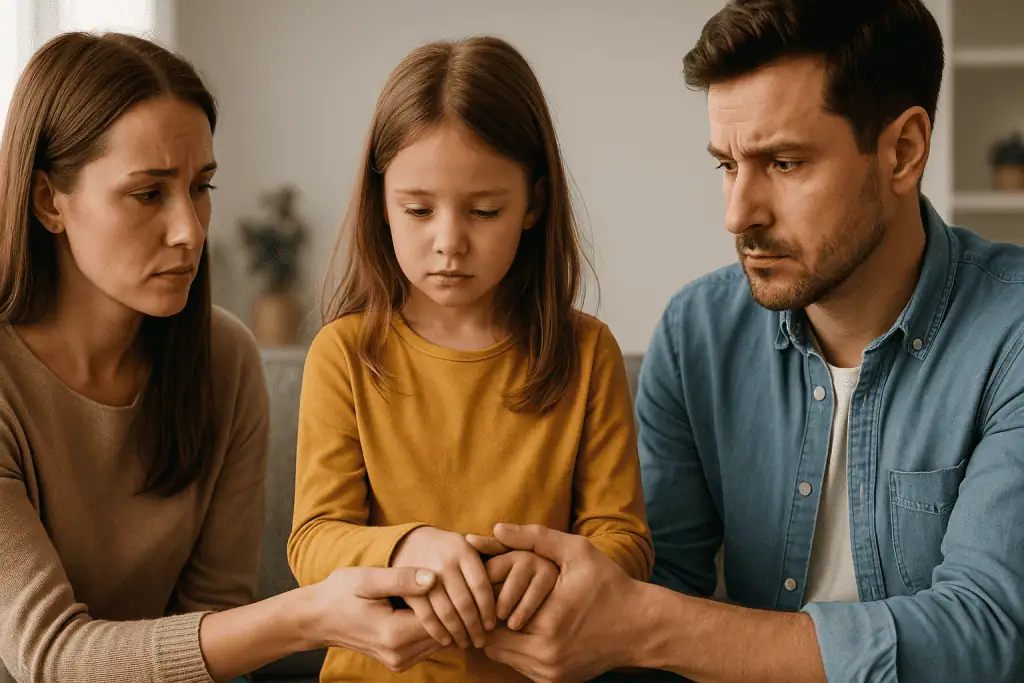 A sad young girl sitting between her separated parents, both holding her hands with serious expressions during a family discussion.