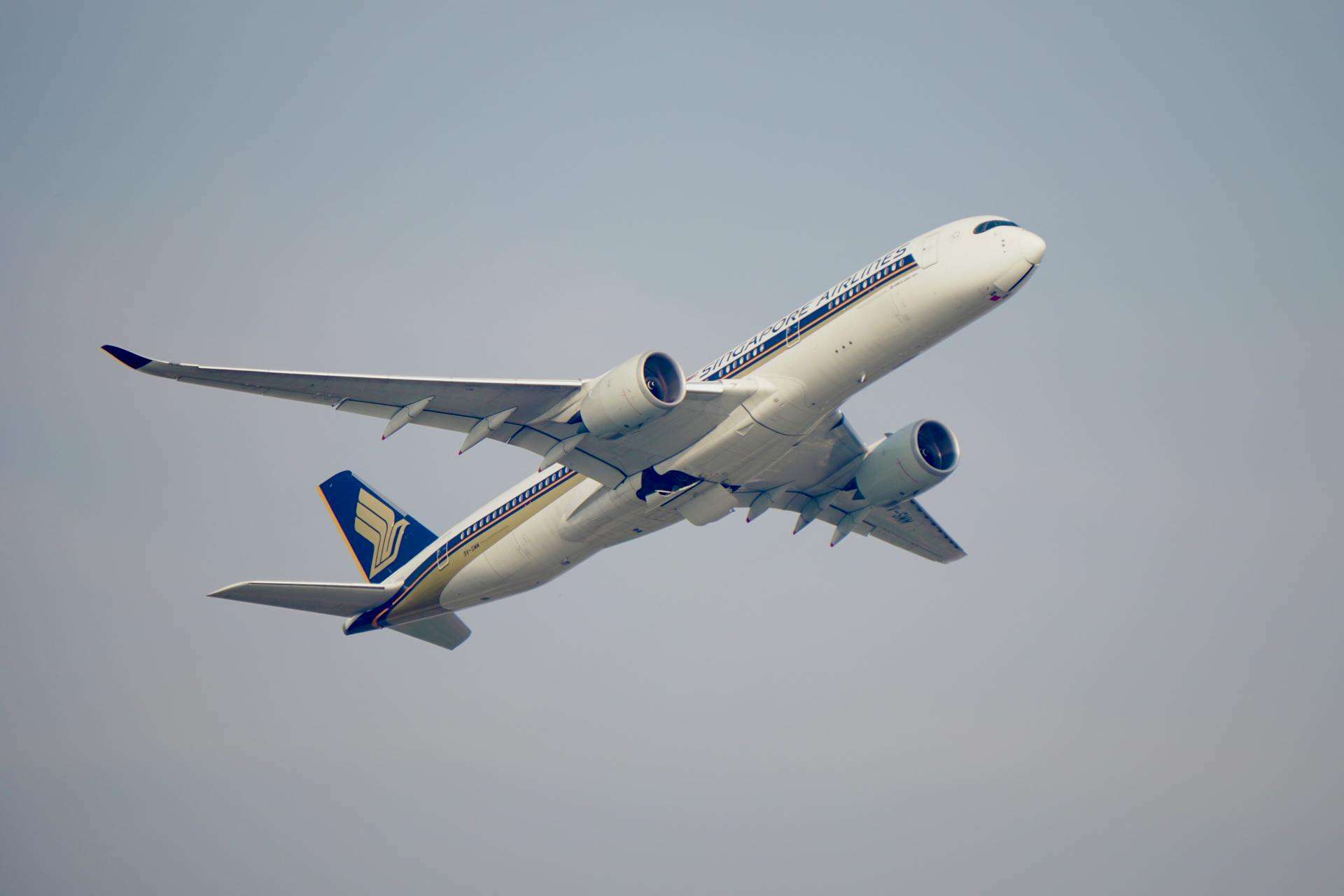 Singapore Airlines airplane in mid-flight against a clear sky, viewed from below, symbolizing the fear of flying and loss of control.
