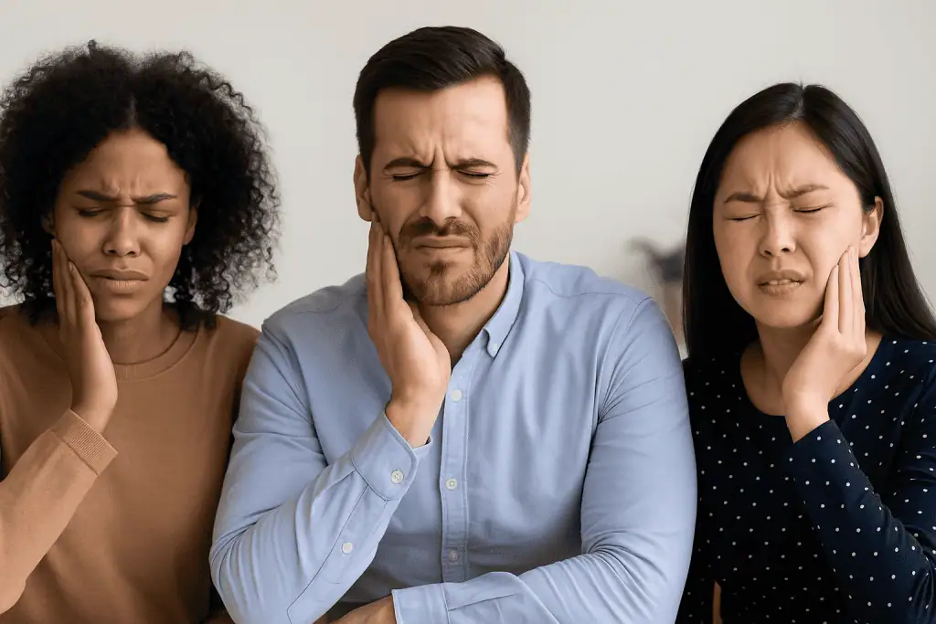 Three individuals of different ethnic backgrounds holding their jaws in pain, visibly experiencing discomfort from bruxism or jaw tension.