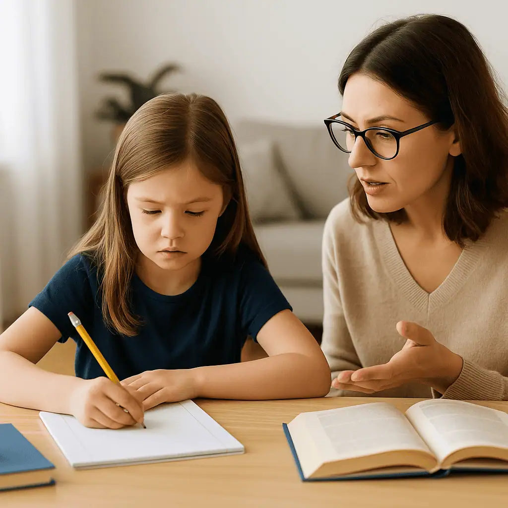 A young girl writes in a notebook while an adult woman guides her, symbolizing educational support for children with Dyspraxia.