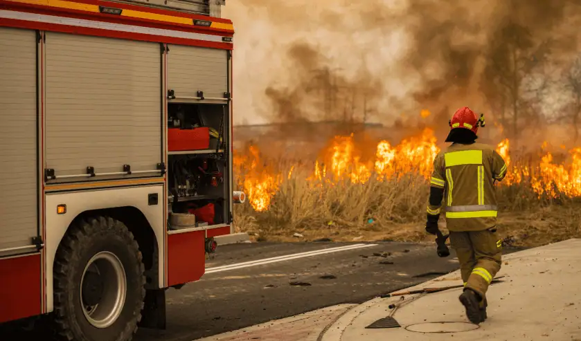 A firefighter in full protective gear rushes towards a raging wildfire near a road. Thick smoke fills the air as bright orange flames consume dry grass. A fire truck is parked nearby with its compartments open, revealing firefighting equipment.