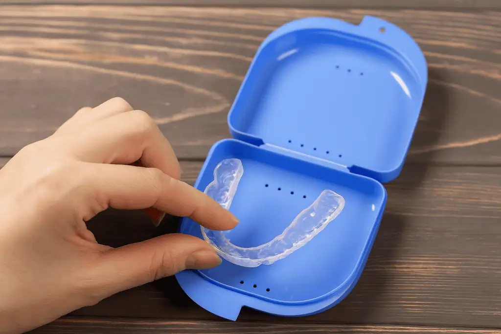 A close-up image of a hand lifting a clear mouthguard from an open blue plastic case placed on a wooden surface.