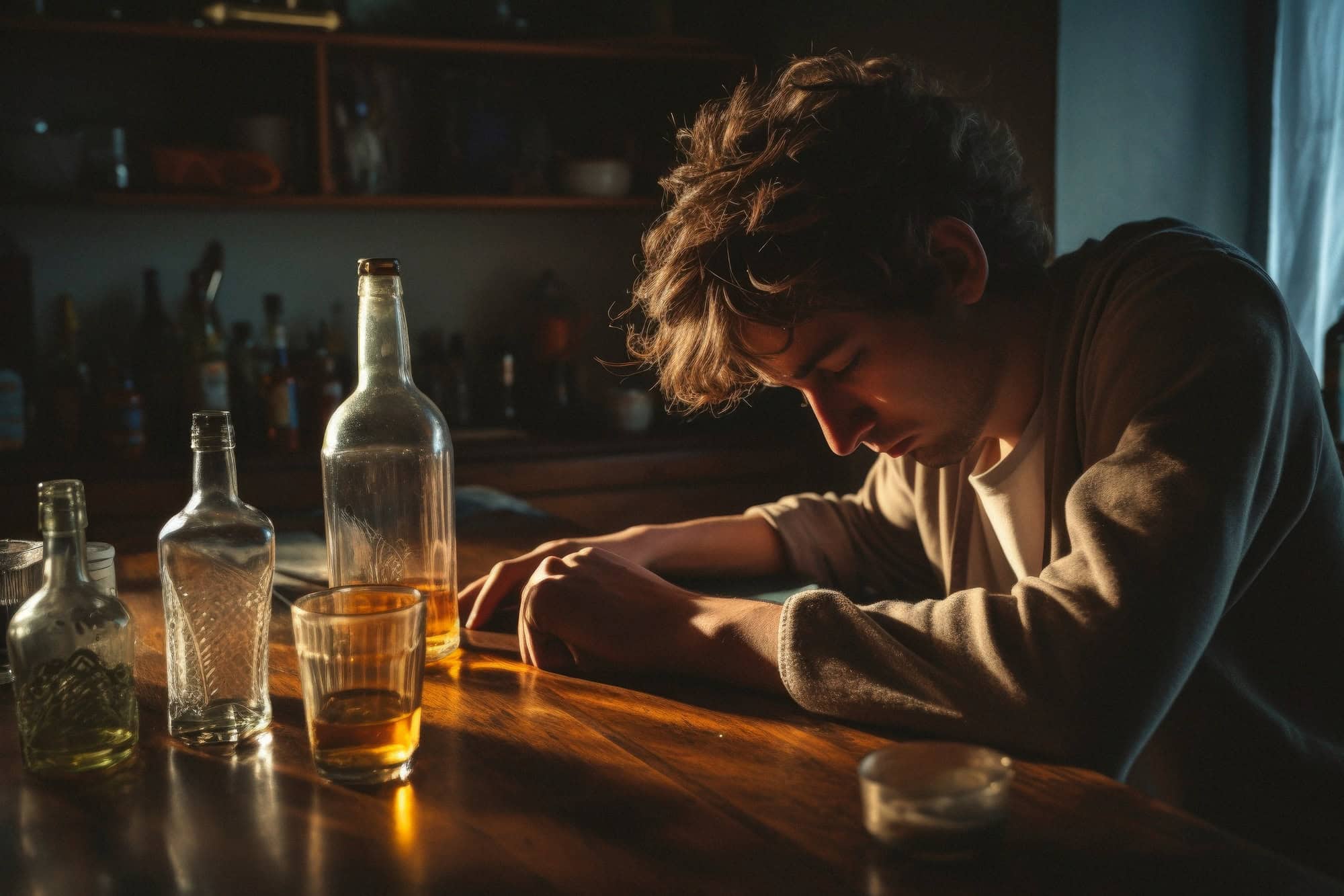 A young man slumps over a wooden table, eyes closed, beside several empty bottles and a glass of whisky