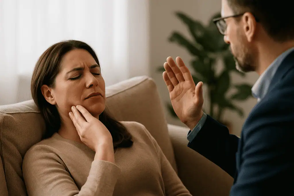 A woman holding her jaw in discomfort during a hypnotherapy session with a therapist guiding her in a calm, softly lit room.