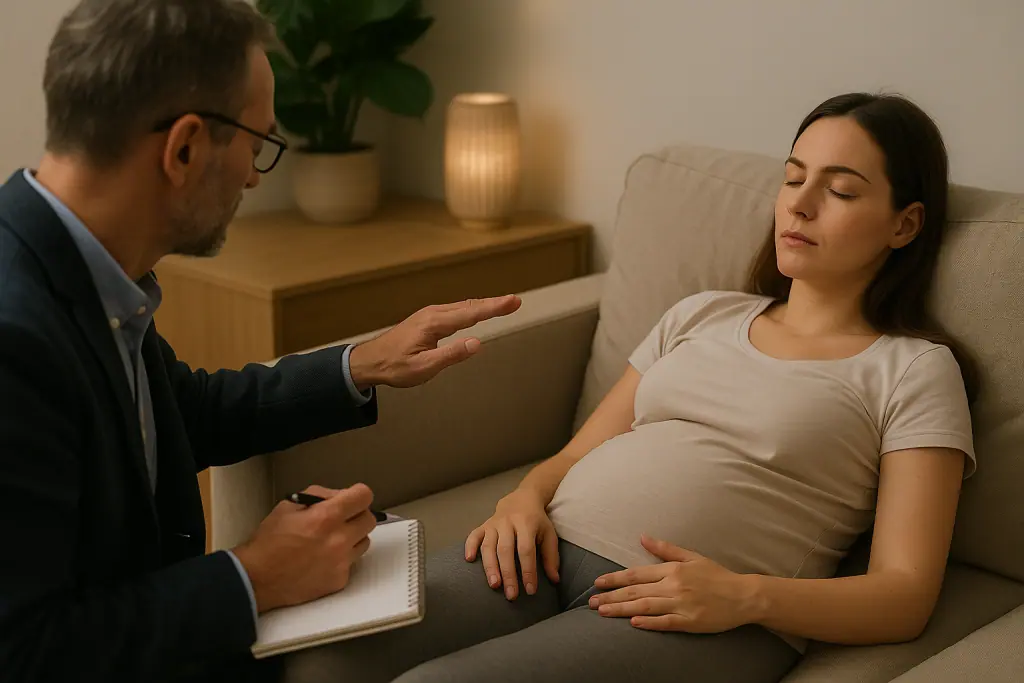 A hypnotherapist conducts a calm session with a relaxed pregnant woman lying on a sofa, eyes closed, in a softly lit room designed for comfort and therapeutic support.