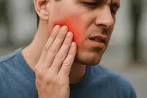 Close-up of a man pressing his jaw in pain, highlighting symptoms of bruxism and TMJ pain.