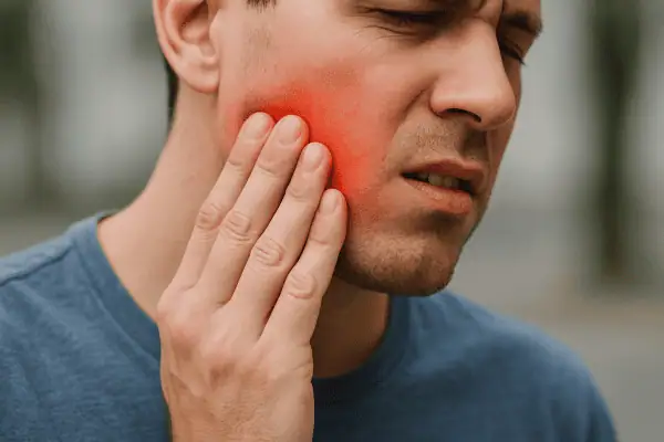 Close-up of a man pressing his jaw in pain, highlighting symptoms of bruxism and TMJ pain.