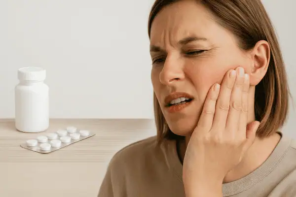 Woman experiencing jaw pain, pressing her hand to the side of her face, with a pill bottle and blister pack of tablets on a wooden table in the foreground, representing treatment options for TMJ pain or bruxism.