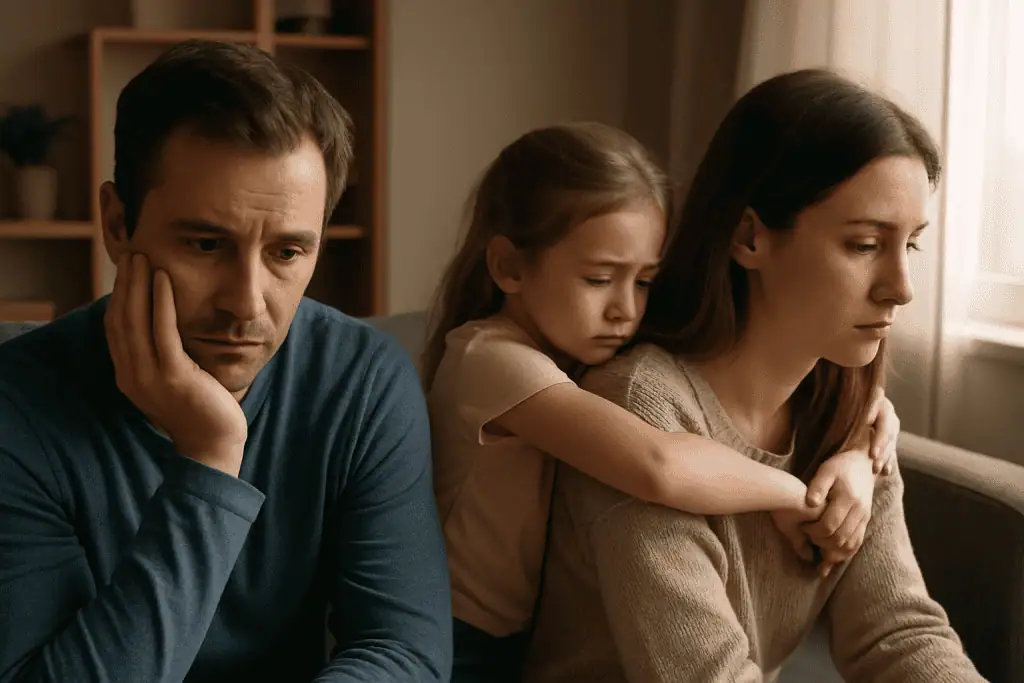 A sad family scene showing a mother, father, and daughter sitting together in emotional silence, reflecting the emotional impact of separation.