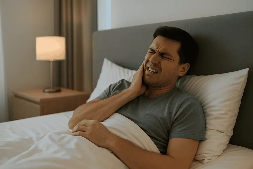 A man lying in bed with a pained expression, holding his jaw due to discomfort in a wide, softly lit bedroom.