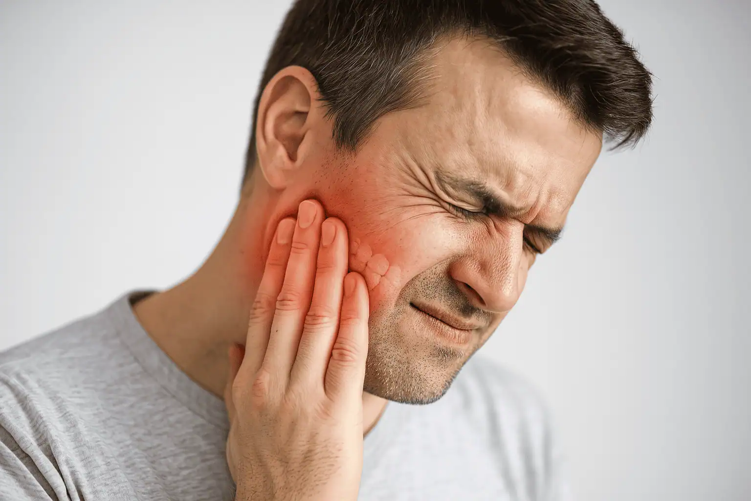 Man pressing his jaw in discomfort with red highlight indicating TMJ pain