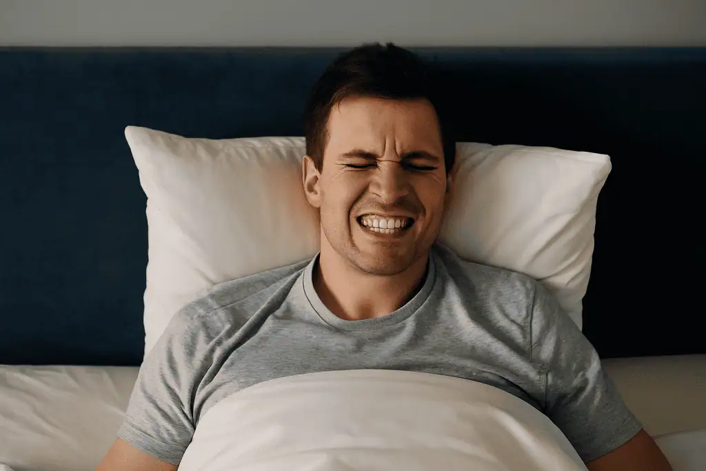 A young man lying in bed with a tense expression and clenched teeth, showing signs of nighttime teeth grinding while partially covered with a blanket and resting against white pillows.