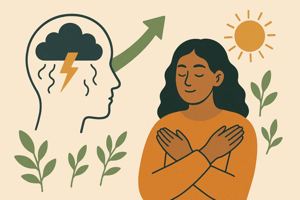 Illustration of a woman practicing self-love and mental healing, with a graphic of a stormy mind transforming into a positive mindset under the sun.
