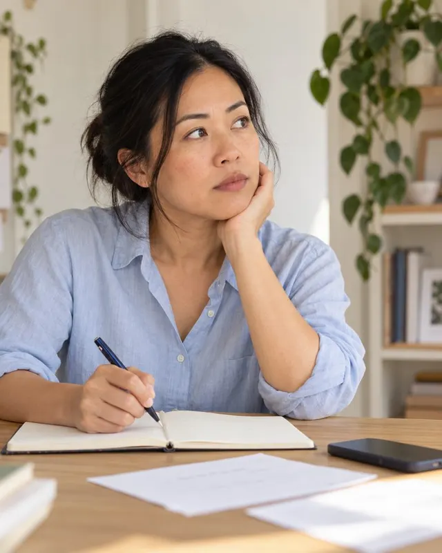 Woman at a desk with her chin on her hand, looking distracted, with a pinboard behind her