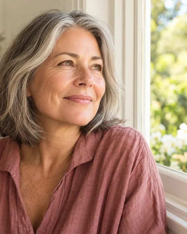 Woman with grey hair looking thoughtfully out of a bright window