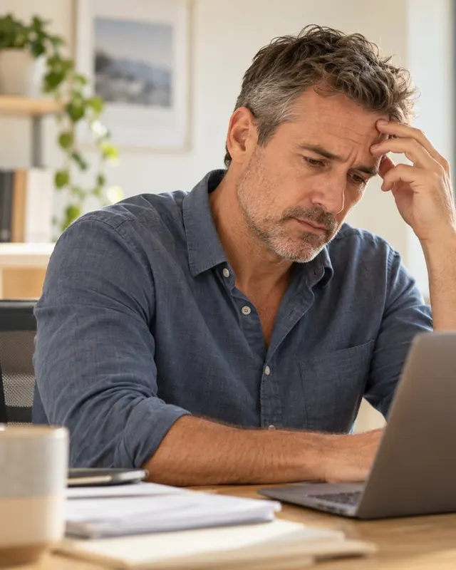 Man sitting at a desk at home with his hand on his forehead, looking tired and preoccupied
