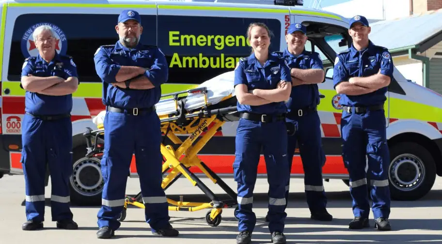 Group of paramedics in blue uniforms standing in front of an emergency ambulance with arms crossed.