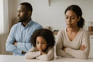 A thoughtful African family sitting apart in a kitchen, showing emotional distance after separation
