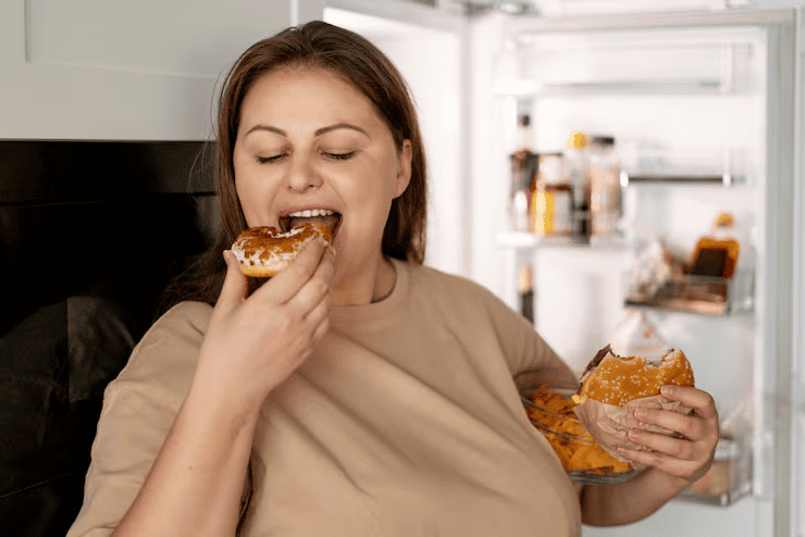 Person with eating disorder trying eat fast food