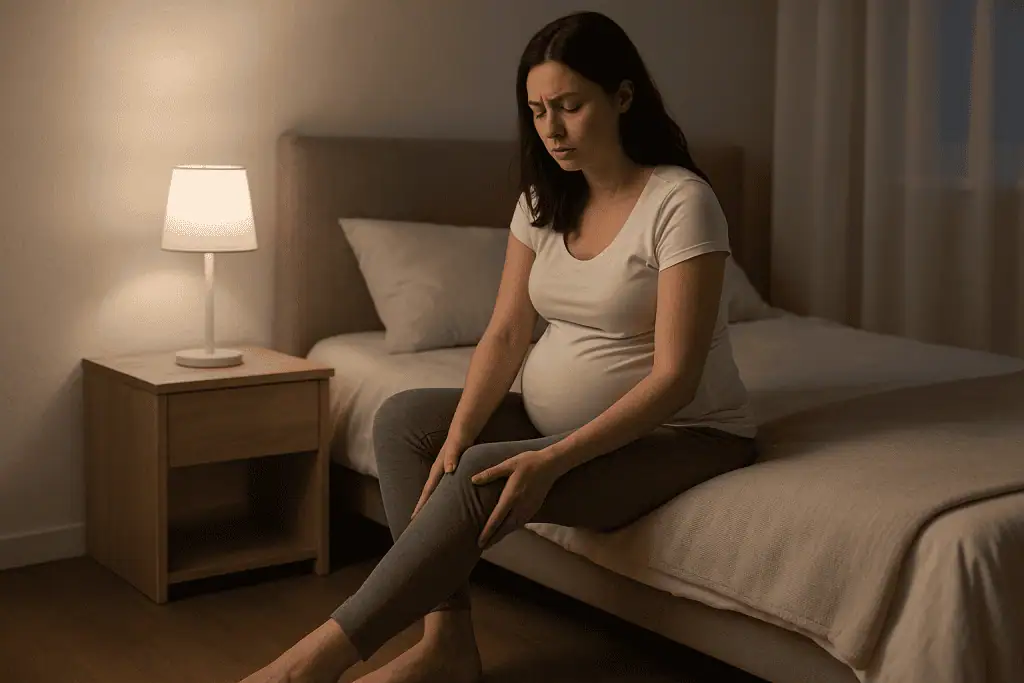 A pregnant woman sitting on the edge of her bed at night, gently holding her leg with a pained expression, suggesting discomfort from restless legs during pregnancy.