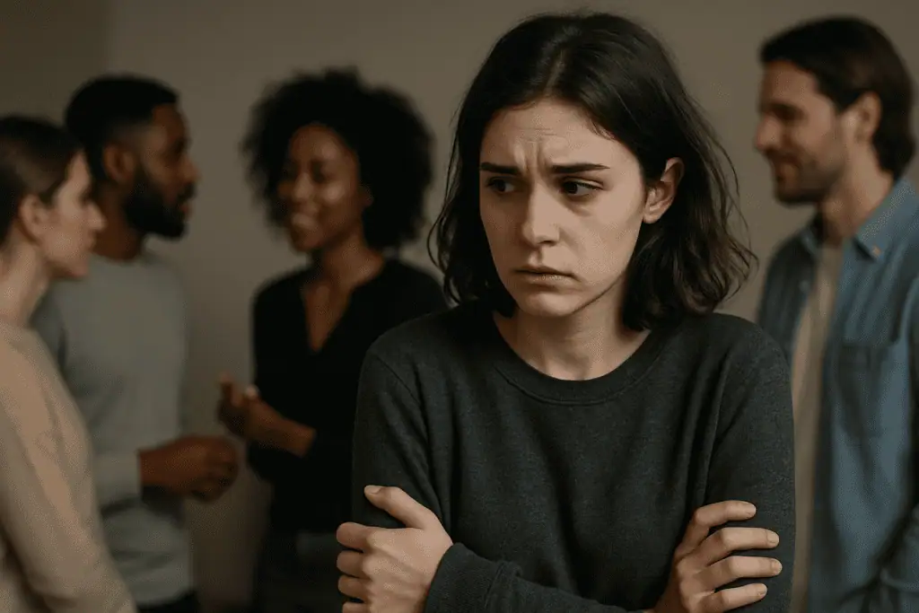 A young woman stands apart from a group, looking anxious and uncomfortable while others socialize in the background.
