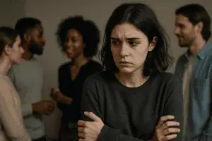 A young woman stands apart from a group, looking anxious and uncomfortable while others socialize in the background.