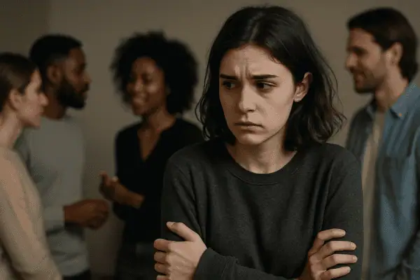 A young woman stands apart from a group, looking anxious and uncomfortable while others socialize in the background.