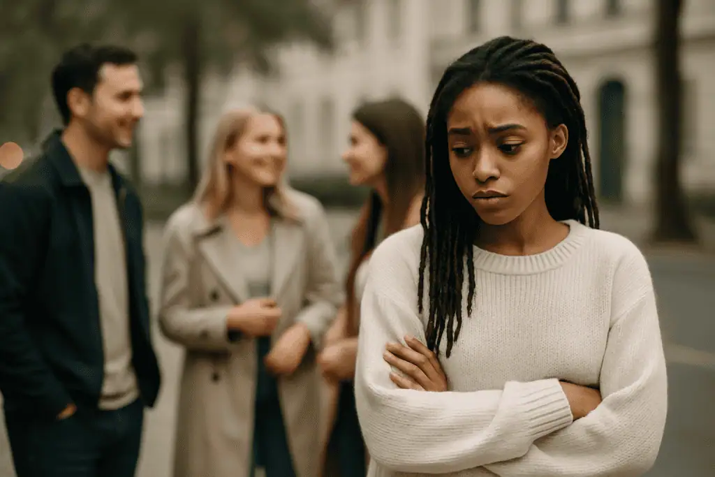 A young woman stands apart with a worried expression while a group of people talk in the background, illustrating feelings of social anxiety in a public setting.