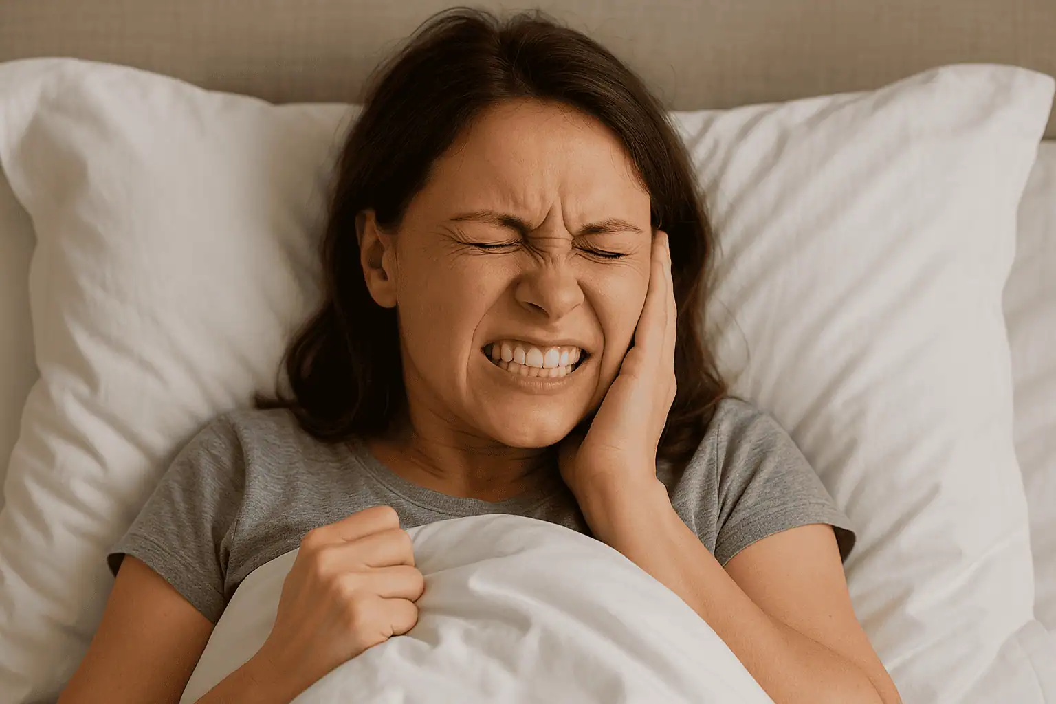 Woman lying in bed with clenched teeth and a pained expression, holding her jaw—depicting nighttime teeth grinding or sleep bruxism.