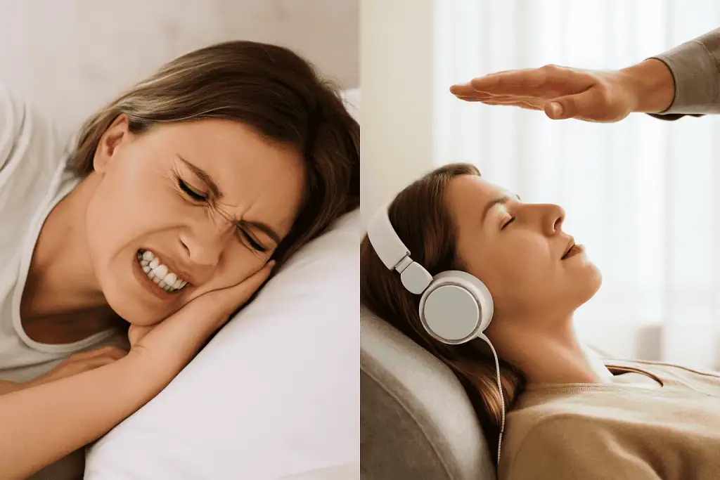 Split image showing a woman clenching her jaw in pain while lying in bed on the left, and the same woman relaxed during a hypnotherapy session with headphones on the right—illustrating the contrast between bruxism and hypnotherapy relief.