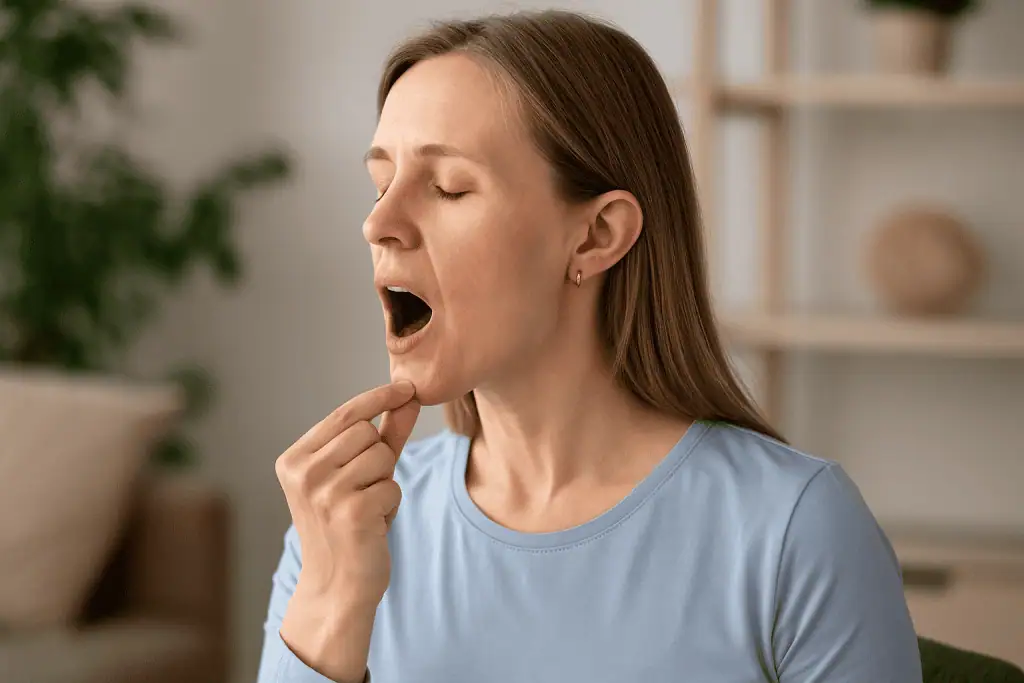 A woman performing a TMJ jaw exercise at home by gently pulling her jaw downward with her hand in a calm, well-lit living room.