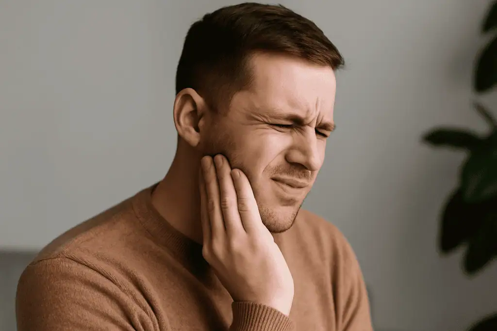 A man pressing her hand to her jaw with a pained expression, showing discomfort likely caused by TMJ-related jaw tension.