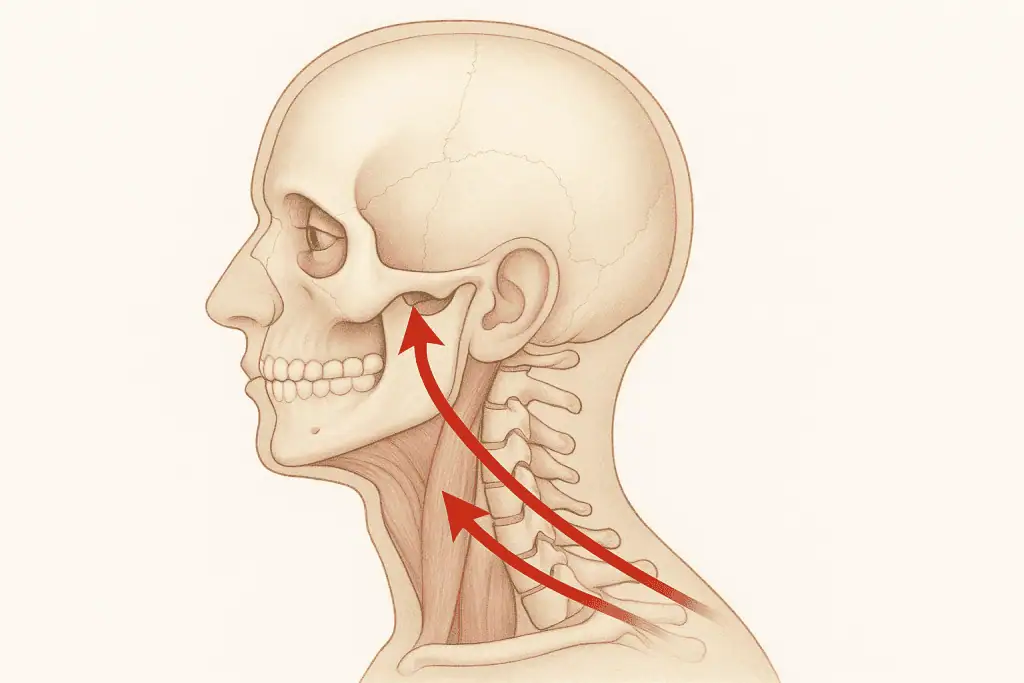 Medical illustration showing the anatomical connection between the jaw joint (TMJ) and neck muscles with highlighted arrows