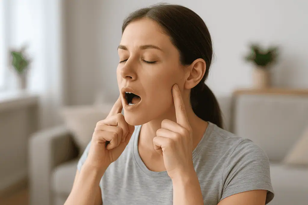 A woman practicing a TMJ pain relief exercise by gently pressing her jaw with both index fingers in a calm, sunlit living room.