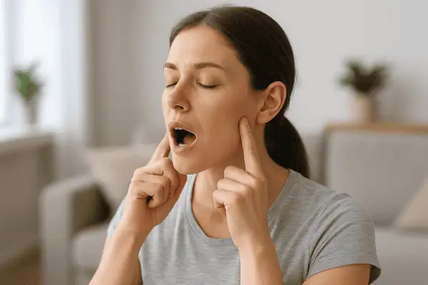 A woman practicing a TMJ pain relief exercise by gently pressing her jaw with both index fingers in a calm, sunlit living room.