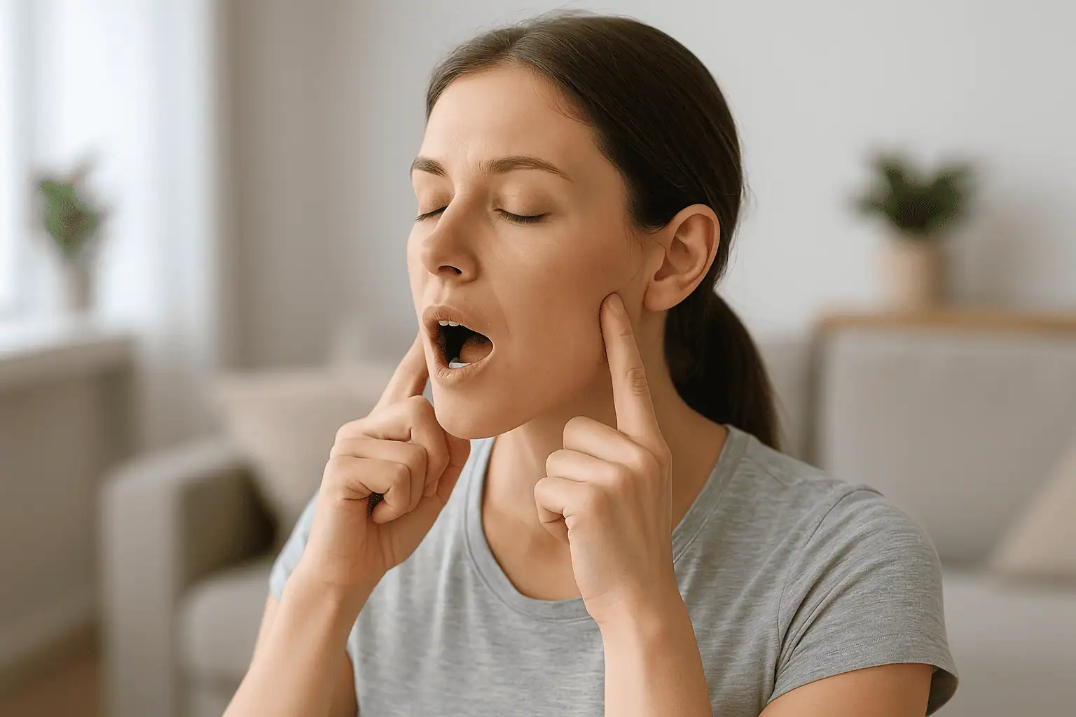 A woman practicing a TMJ pain relief exercise by gently pressing her jaw with both index fingers in a calm, sunlit living room.