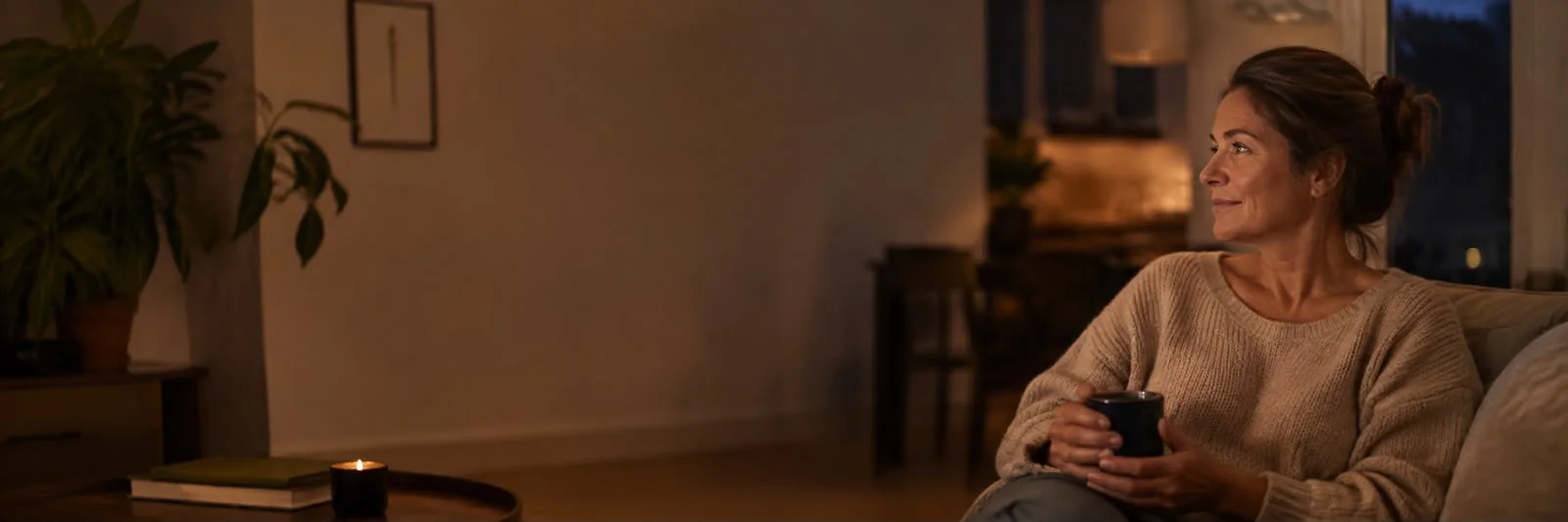 A woman sitting on her lounge in the evening with a warm drink, in low lamp and candle light
