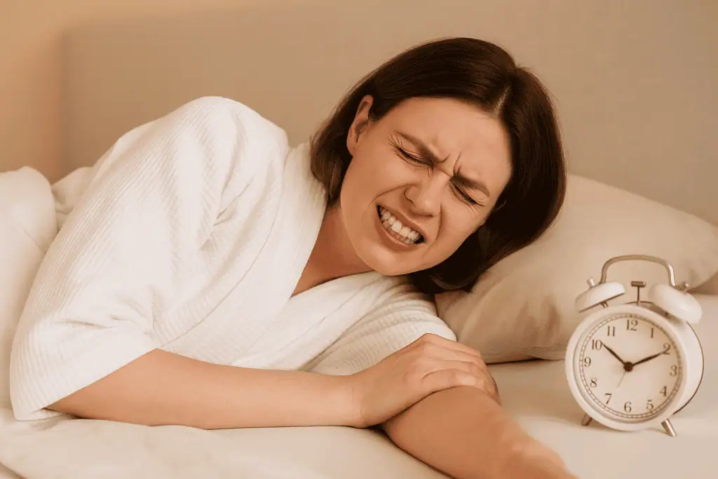 Woman in bed grimacing from teeth grinding during sleep, showing signs of stress-related bruxism.