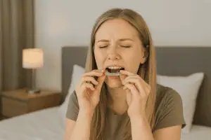 A woman sitting on a bed in a wide, softly lit bedroom, gently placing a clear mouthguard onto her upper teeth with both hands.