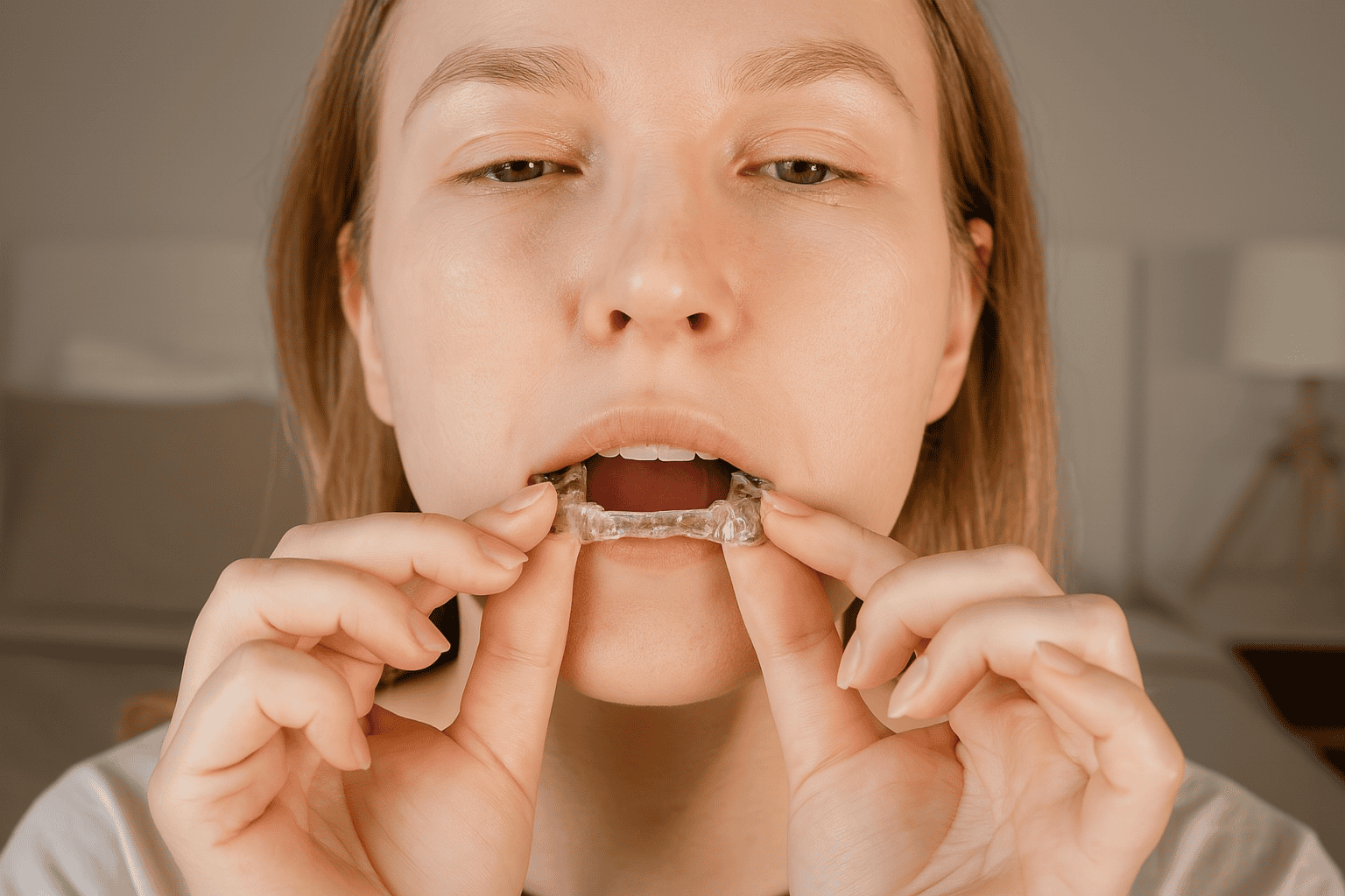 A close-up horizontal image of a woman gently placing a clear dental mouthguard onto her upper teeth, with a softly blurred bedroom background.