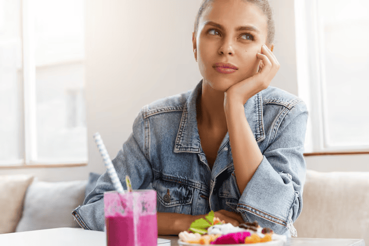Woman stylish denim jacket coffee shop
