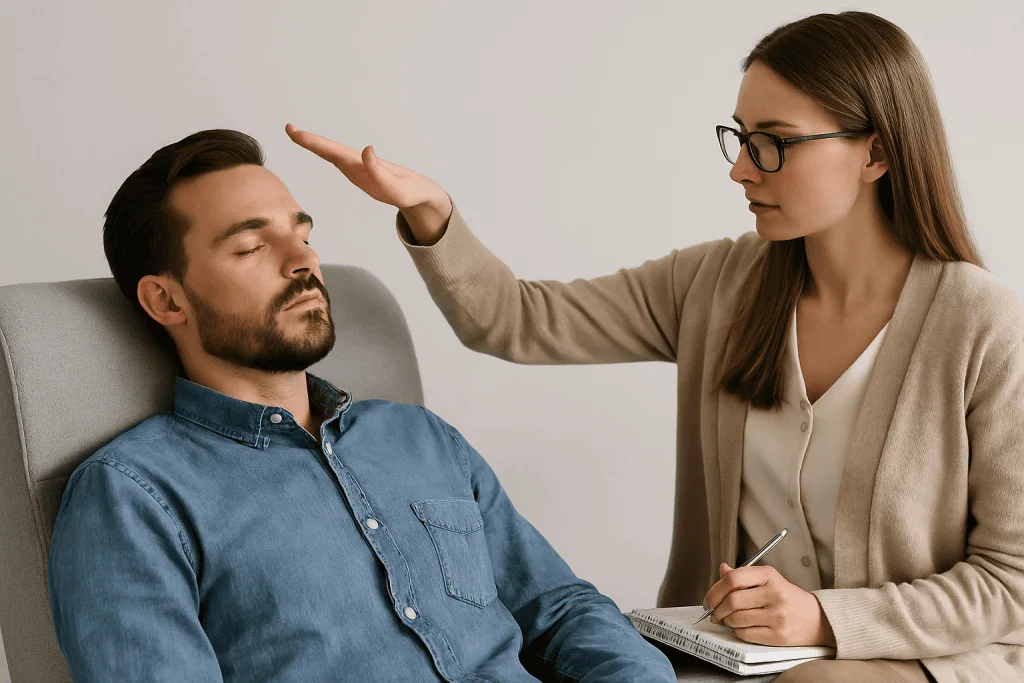 Female therapist guiding a male client through a hypnotherapy session, with the client reclining calmly in a chair during deep relaxation.
